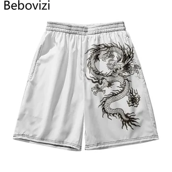 Letné Dragon Print Biele Sweatshorts 2022 Bežné Bermudas Mužov Boardshorts Homme Oblečenie Móda Beach Šortky Plus Veľkosť