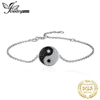 JewelryPalace Tai Chi, Yin Yang 925 Sterling Silver Chain Odkaz Náramky pre Ženy Prírodné Čierne Spinelovou Kolo Drahokam Náramok