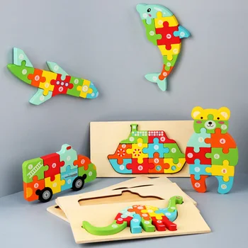 Montessori Veľká Veľkosť Deti Drevené 3D Puzzle Deti Hračka Cartoon Zvierat Vozidla Skladačka Vzdelávacie Hračky Pre Vek 2-4 Chlapci Dievčatá Hot