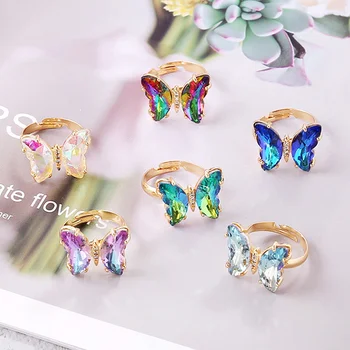Motýľ Otvoriť Krúžok Lesklé Gradient Farba Crystal, Prstene pre Ženy Sladké Romantické Transparentné Motýľ Krúžok Dievča Strany Šperky