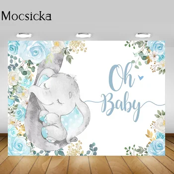 Mocsicka Oh, Baby Novorodenca Sprcha Pozadie Slon Modré Kvety Dieťa Narodeniny Fotografie Pozadí Vlastné Foto Pozadia