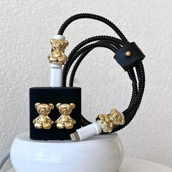 3D Pokovovanie Medveď Cartoon Silikónové Nabíjací Kábel Winder Ochranné puzdro Chránič Kryt Pre Iphone 18W-20W Konektor Nabíjačky Údaje Line