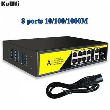 KuWFi POE Switch 8 ports 1000M Rack Mount Siete Ethernet Switch Vysoký Výkon RJ45 Rozbočovača Internet Splitter