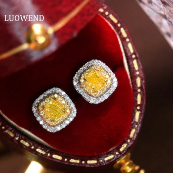 LUOWEND 18K Biele Zlato Náušnice Luxusné Prírodné Yellow Diamond Halo Dizajn Stud Náušnice Zapojenie Strana Šperky pre Ženy