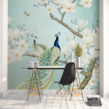Vlastné Nástenné Tapety 3D Čínsky Štýl Páva Magnolia Kvetov, Vtákov, Nástenné Maľby Obývacia Izba Štúdia Pozadí Steny Dekor 3 D