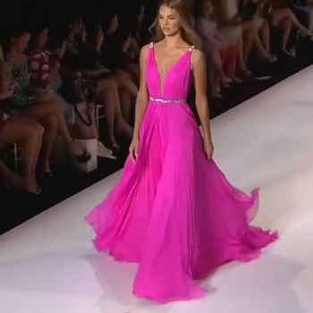 UZN Elegantné Fuchsia A-Line V Krku Prom Šaty, Sexy Backless Lištovanie Večerné Šaty 2022 Plus Veľkosť Dlho Party Šaty na Mieru