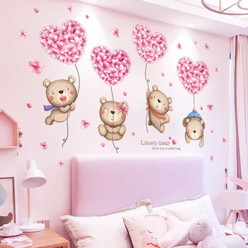 [shijuekongjian] Ružové Kvety Balóny Samolepky na Stenu DIY Medveď Zvieratá Stenu Decor Obtlačky pre Deti Spálňa Detská Domáce Dekorácie