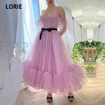 LORIE Vintage Prom Šaty Rameno Čierny Pás Polka Dot Ružový Čaj Dĺžka Party Šaty s Vreckami Celebrity Nočné Šaty
