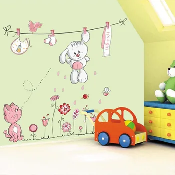 Ružová kreslených mačka, králik kvetinové steny nálepka pre deti izby, baby, dievčatá, domáce dekorácie odtlačkový nástenná maľba dáždnik macko