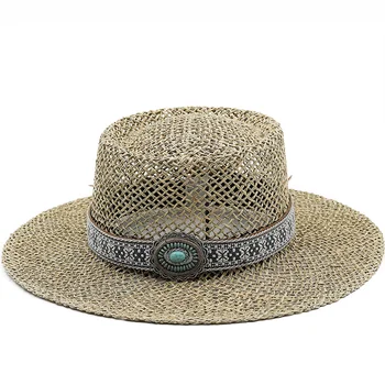 Nové Ručné Slané trávy Dievča Slamy Pláž Hat Pre Ženy Letný klobúk Panama Spp Módne Konkávne Byt na Ochranu pred Slnkom Clonu Čiapky