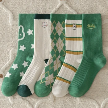 Jeseň Zábavné Ponožky Japonskom Štýle Retro Zelené Hviezdičky Ponožky Módne Bavlna Roztomilý Harajuku Stožiare, Ponožky Ženy List Kawaii Sladkosti