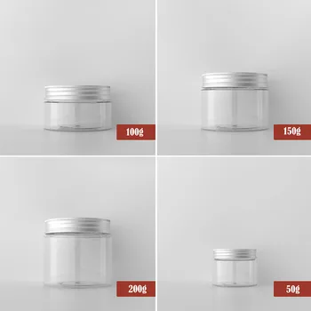 50-250g Plastové Transparentné Prázdne make-up Jar s Hliníkový Kryt Puzdra Vzorky Fľaše Cestovné Krém na Tvár Krém Kozmetický Hrniec