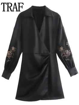 TRAF Čierne Saténové Šaty Kvetinový Dlhý Rukáv Elegantné Šaty Pre Ženy 2022 Patria Bežné ženské Šaty Skladaný Dámske Šaty