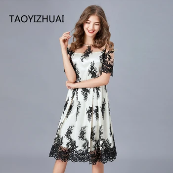 Taoyizhuai značky vyšívané šaty letné štýl nový krátky rukáv francúzsky štýl veľká hojdačka-line čipky retro tenké šaty tuku šaty