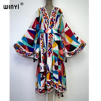 2022 WINYI jeseň Ženy kimono módne, elegantné Vintage tlač boho kaftane Pás tesnenie abaya Šaty s dlhým Rukávom Bežné Kaftan