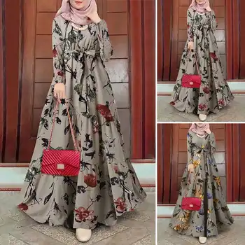Moslimské Abaya Vintage Bežné Kvetinový Tlač Šaty Župan Femme Musulmane Abayas pre Ženy, Dlhý Rukáv Big Swing Šaty, Hidžáb Abayat