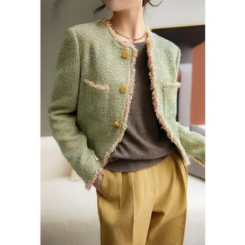 2022 Nové Jeseň Zima Vintage Tweed Bunda, Kabát Ženy Malé Vôňa Patchwork Kórejský Vlnená Ostrihané