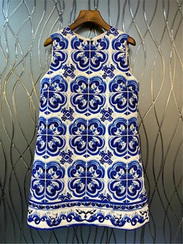Delocah Kvalitné Letné Ženy Módny Návrhár Krátke Šaty Modré A Biele Porcelánové Tlač Elegantné Šaty Bez Rukávov Nádrže