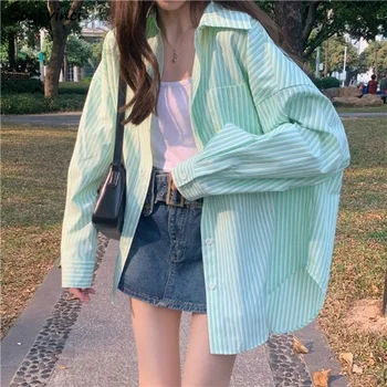 Pruhované Tričká Ženy Tenké Letné Voľné Slnko-doklad, Topy kórejský Módne Bežné Vintage Všetky vaše Obľúbené Dlhý Rukáv Camisas Mujer