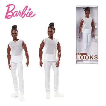 Barbie Podpis Vyzerá Bábika Ken Brunetka s Vrkôčiky Buchta Účes Plne Posable Módne Bábiky Oblečené Biele Tričko a Nohavice Darček