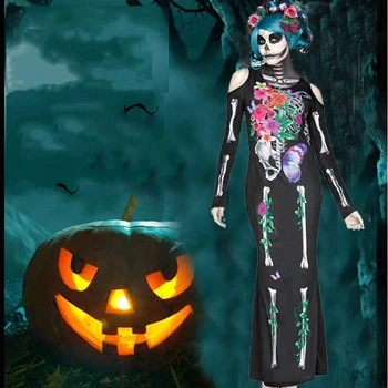 Zombie Halloween Kostýmy Pre Ženy, Dospelých Strašidelné 3D Tlač Lebky Cosplay Šaty Ghost Kvet Kostra Kombinézu Karneval Party Bar