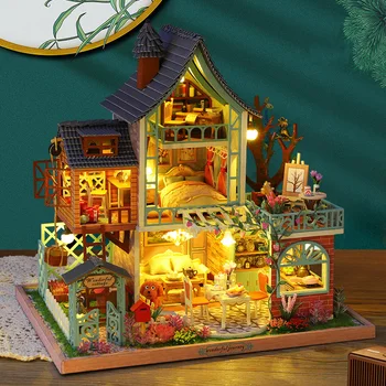 DIY Drevená Bábika Dom Jungle Resort Miniatúrne Stavebné Súpravy S domček pre bábiky s Nábytkom Casa Hračky pre Deti, Dievčatá Narodeninám