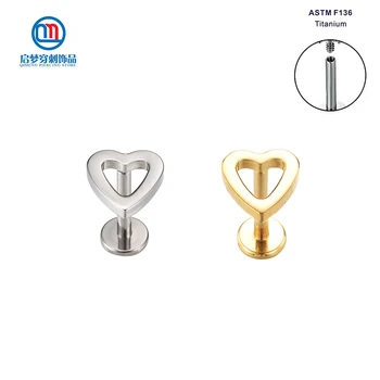 ASTM F136 Titán Interne Závitových Srdce Top Labret Stud Náušnice Chrupavky Piercing Šperkov