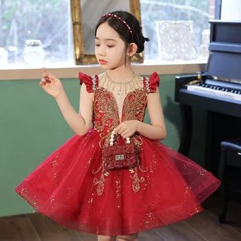 Baby šaty červenej v krku dievčenské šaty pre baby princess tutu šaty pre súťaž krásy Narodeninovej party tylu šaty detí nosenie