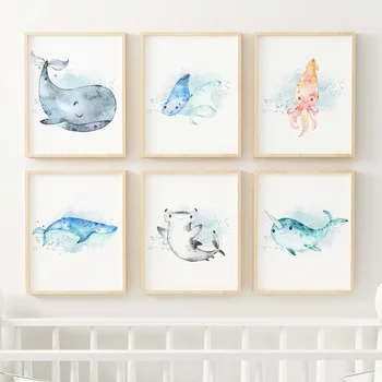 Delfíny A Veľryby Octopus Shark Wall Art Plátno Na Maľovanie Cartoon Nordic Plagáty A Vytlačí Na Stenu Obrázky Dievča, Chlapec, Detská Izba Decor