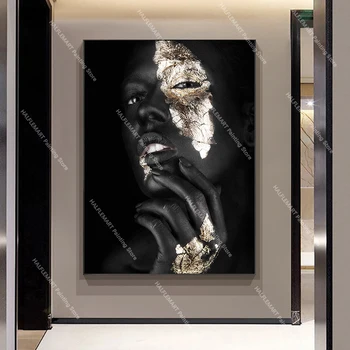 Africké Umenie Čierna a Zlatá Žena, olejomaľba Tlač na Plátno Cuadros make-up Umenie Plagátu Wall Art Obrázok pre Obývacia Izba Dekor
