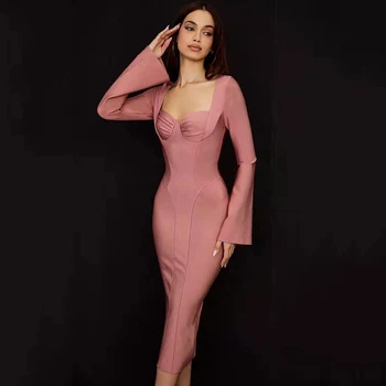 2022 Nové Žien Bodycon Obväzy Šaty Svetlice Rukáv Jeseň Oblečenie Klubu Strany Celebrity Elegantné Šaty